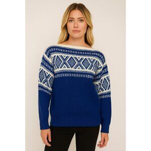 Vintage 70s Block Heater Fair Isle Wool Sweater Women’s Small Blue & Cream Geome